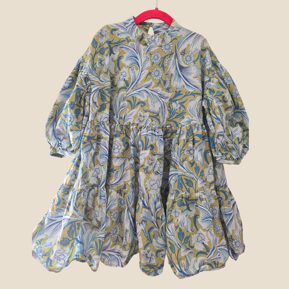 Next x Morris & Co Girls Blue Green Floral Cotton Puff Sleeve Tiered Dress 6Y